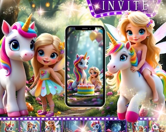 May include: A digital video invitation featuring a unicorn with a rainbow mane and tail. The unicorn is surrounded by a magical forest setting with a fairy and a birthday cake. The text "Unicorn Video Invite" is displayed in a purple banner.