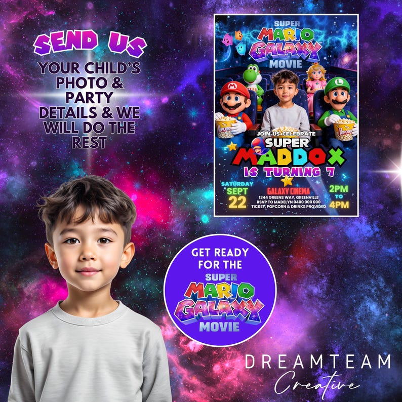 May include: A birthday party invitation featuring a young boy and a Super Mario Galaxy Movie theme. The invitation includes the text "Super Maddox is turning 7" and event details. The design incorporates vibrant colors and graphics.