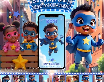 Superhero Gender Reveal Video Announcement: African American It's a Boy (Digital Download MP4)