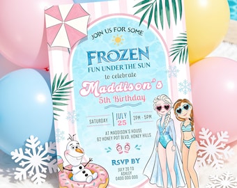 Frozen Fun Under the Sun Birthday Invitation Editable Princess Pool Party Invite Summer