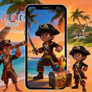 Puede incluir: Una invitación digital con un pirata de dibujos animados con una espada, un loro y un cofre del tesoro en una playa. El texto "PIRATE VIDEO invitation" se muestra a la izquierda y "ANIMATED with MUSIC" a la derecha. El fondo muestra una puesta de sol y palmeras.
