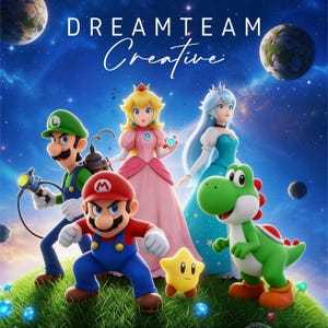 May include: A digital illustration featuring characters from the Super Mario franchise. Mario, Luigi, Princess Peach, and Princess Daisy stand on a grassy hill under a starry sky. The text "DREAMTEAM Creative" is at the top.