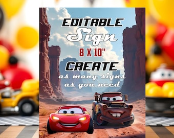 Letrero editable para fiesta de cumpleaños de Cars: Rayo McQueen y Mater (Descarga digital)