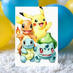 May include: A colorful illustration features four popular cartoon characters: Pikachu, Charmander, Squirtle, and Bulbasaur. Pikachu is yellow, Charmander is orange, Squirtle is blue, and Bulbasaur is green. The background includes yellow and blue balloons.