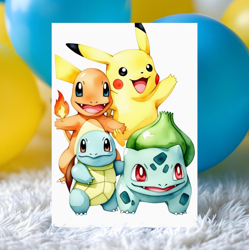 May include: A colorful illustration features four popular cartoon characters: Pikachu, Charmander, Squirtle, and Bulbasaur. Pikachu is yellow, Charmander is orange, Squirtle is blue, and Bulbasaur is green. The background includes yellow and blue balloons.
