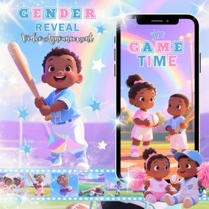 Peut inclure: Annonce numérique de révélation du sexe sur le thème du baseball de dessin animé. L'image présente un bébé tenant une batte de baseball et un téléphone affichant "It's GAME TIME" avec un fond arc-en-ciel. Les mots "GENDER REVEAL Video Announcement" sont également visibles.