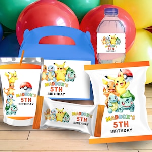 May include: A collection of party supplies featuring a Pokemon theme. Includes a blue party favor box, juice pouch, water bottle, and snack bags, all with the text "Maddox's 5th Birthday" and Pokemon characters. Balloons in red, green, and yellow are in the background.