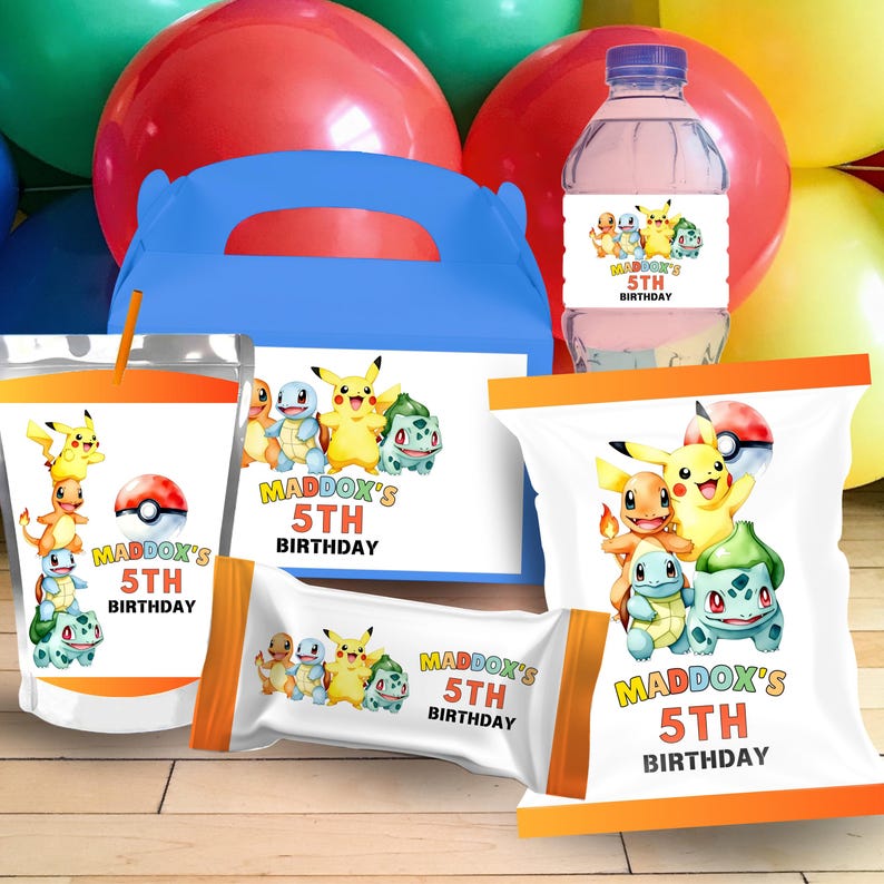May include: A collection of party supplies featuring a Pokemon theme. Includes a blue party favor box, juice pouch, water bottle, and snack bags, all with the text "Maddox's 5th Birthday" and Pokemon characters. Balloons in red, green, and yellow are in the background.