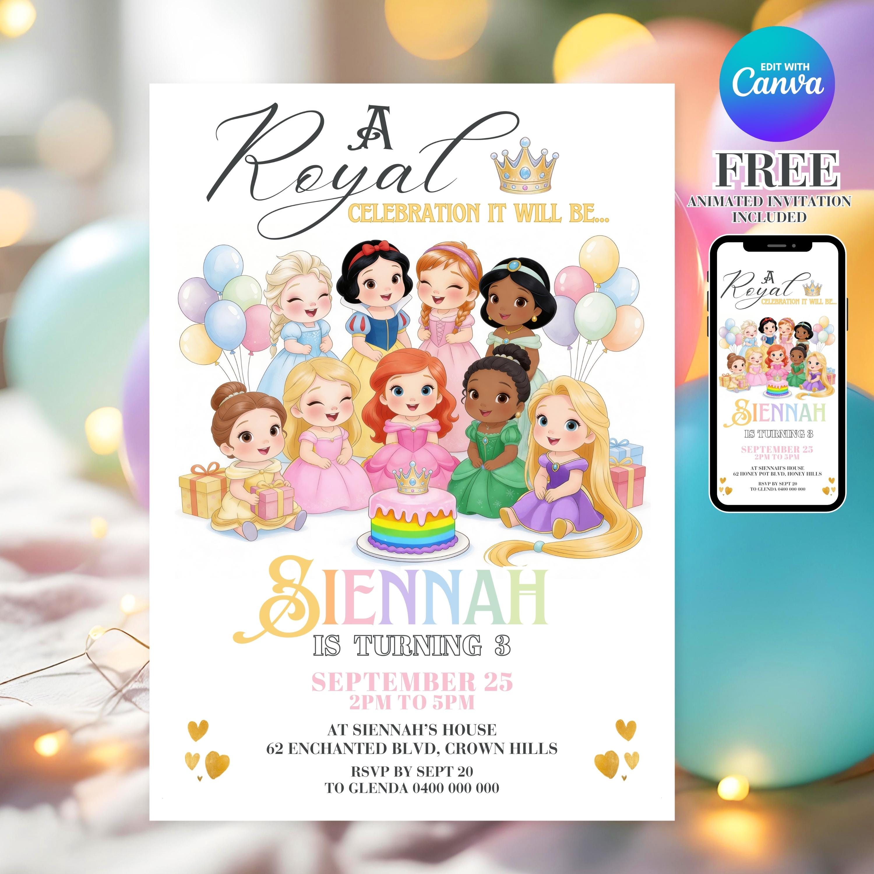 Baby Princess Birthday Invitation Editable Rainbow Royal Party Invite ...
