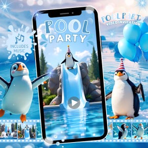 プールパーティービデオ招待状 デジタルペンギン誕生日招待状 アニメーションクールバイザプールパーティー招待状 プール招待ペンギンビデオ招待状 MP4