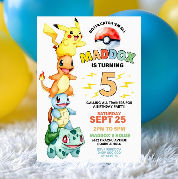 Pokemon Birthday Party Invitation: Watercolor Pikachu Invite Template (Printable Digital Download)