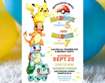Pokemon verjaardagsuitnodiging broer of zus gezamenlijke partij Pikachu uitnodigen voor twee kinderen