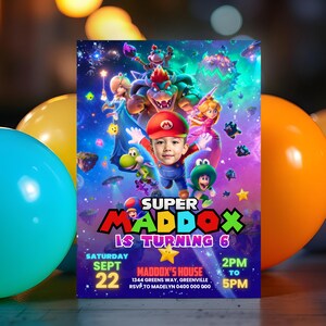 May include: A vibrant birthday invitation with a Super Mario Bros. theme, featuring a child dressed as Mario. The invitation includes the text "SUPER MADDOX IS TURNING 6" and event details, with a Saturday date of September 22nd.