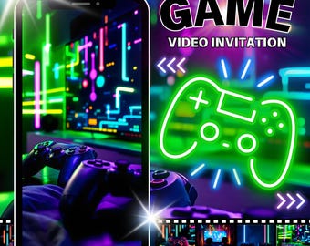 Video Game Birthday Invitation: Animated Neon Gamer Party Evite (MP4 Digital Download)