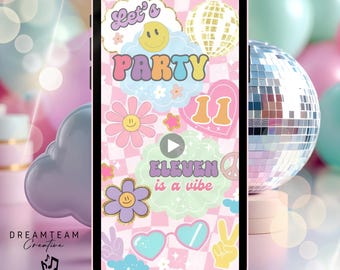 May include: A smartphone displays a colorful party invitation with the text "Let's Party" and "Eleven is a vibe." The design includes smiley faces, flowers, and a disco ball. The invitation is fully animated and includes music.