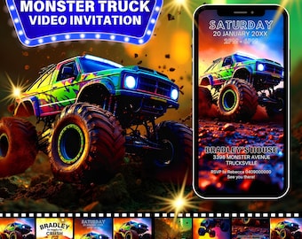 May include: A video invitation for a monster truck themed party. The invitation features a bright green, blue, and yellow monster truck with large tires. The text on the invitation reads "Monster Truck Video Invitation", "Saturday, 20 January 20XX, 2PM-6PM", "Bradley's House, 3398 Monster Avenue, Trucksville", "RSVP to Rebecca 0409000000, See you there!" and "Bradley is ready to Crush 5".