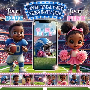 May include: Digital gender reveal party video invitation. The invitation features cartoon characters, one in a blue football uniform and the other in a pink cheerleader outfit. The phone screen displays the text "It's Game Time". The background is a football stadium.