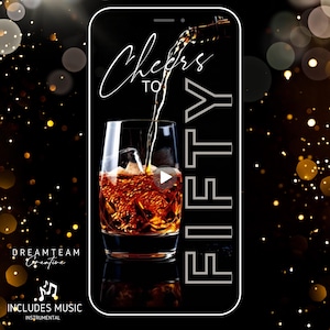May include: A digital graphic showing a glass of amber liquid being poured into it, ice cubes, and the words "Cheers to Fifty". The background is black with bokeh lights. The graphic also includes the text "DREAMTEAM Creative" and "INCLUDES MUSIC INSTRUMENTAL".