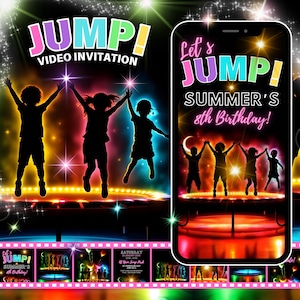 Puede incluir: Una invitación de video para una fiesta de cumpleaños de un niño de 8 años. La invitación presenta un diseño de neón colorido con las palabras "Let's Jump! Summer's 8th Birthday!" y siluetas de niños saltando en un trampolín.