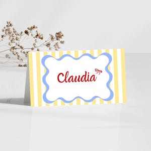 That's Amore Editable Placecards. Bridal shower, hens, birthday. Italian, Mediterranean, Amalfi, blue, yellow, red, wavy, stripy, Amore.