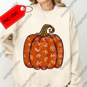 May include: A cream-colored sweatshirt featuring a large orange pumpkin graphic. The pumpkin has a brown stem and is decorated with white ranch brands. The tag in the upper left corner says "PNG + SVG".