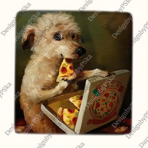 Puede incluir: Una pintura caprichosa de un perro peque&ntilde;o y esponjoso disfrutando de una porci&oacute;n de pizza. El perro, con pelaje marr&oacute;n claro, sostiene una porci&oacute;n de pizza en la boca y est&aacute; sentado junto a una caja de pizza abierta con m&aacute;s porciones.
