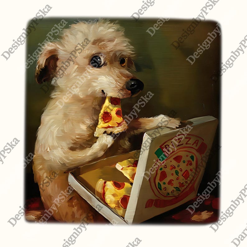 Puede incluir: Una pintura caprichosa de un perro peque&ntilde;o y esponjoso disfrutando de una porci&oacute;n de pizza. El perro, con pelaje marr&oacute;n claro, sostiene una porci&oacute;n de pizza en la boca y est&aacute; sentado junto a una caja de pizza abierta con m&aacute;s porciones.
