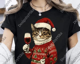 Cat and Wine Christmas png, Funny Wine Cat Digital, Cozy Holiday png for Cat Lovers, Cute Xmas Gift for Her or Him, Xmas Present