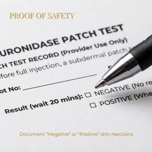 May include: Close-up of a medical document with the text "PROOF OF SAFETY" at the top. The document includes sections for a patch test record and result documentation. A black pen is poised above the document.