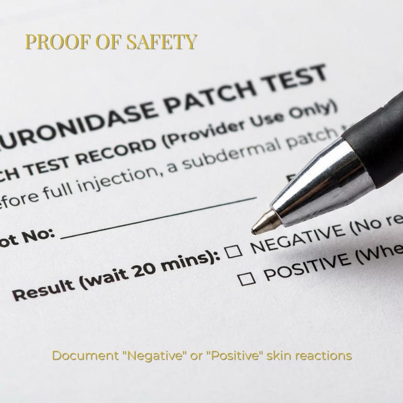 May include: Close-up of a medical document with the text "PROOF OF SAFETY" at the top. The document includes sections for a patch test record and result documentation. A black pen is poised above the document.