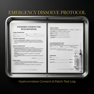 May include: A medical consent form and patch test log for hyaluronidase, displayed on a metal tray. The form includes sections for patient information, medical history, and signatures. Two vials and a syringe are visible. The text "EMERGENCY DISSOLVE PROTOCOL" is at the top.