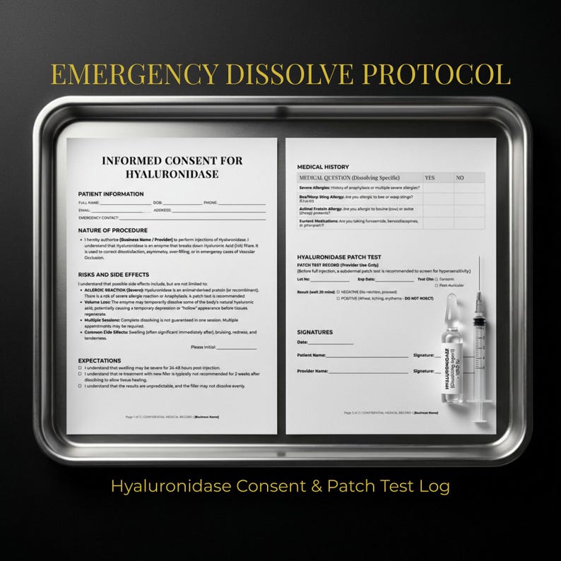 May include: A medical consent form and patch test log for hyaluronidase, displayed on a metal tray. The form includes sections for patient information, medical history, and signatures. Two vials and a syringe are visible. The text "EMERGENCY DISSOLVE PROTOCOL" is at the top.
