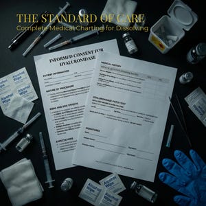 May include: An overhead shot of medical supplies, including syringes, vials, alcohol wipes, and medical forms. The forms include text about informed consent and medical history. The image is set against a dark background.