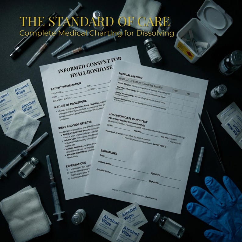 May include: An overhead shot of medical supplies, including syringes, vials, alcohol wipes, and medical forms. The forms include text about informed consent and medical history. The image is set against a dark background.