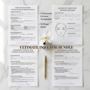 May include: Aesthetic medical forms bundle. Includes 7 essential clinical templates and a 12-page suite. The forms are white with black text and include sections for patient information, medical history, and consent.