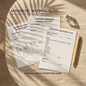 May include: Aesthetic Mapping Suite documents for facial assessment and injection logging. Includes patient information, mapping key, and treatment logs. Features male and female facial charts, a vial, and a gold pen.