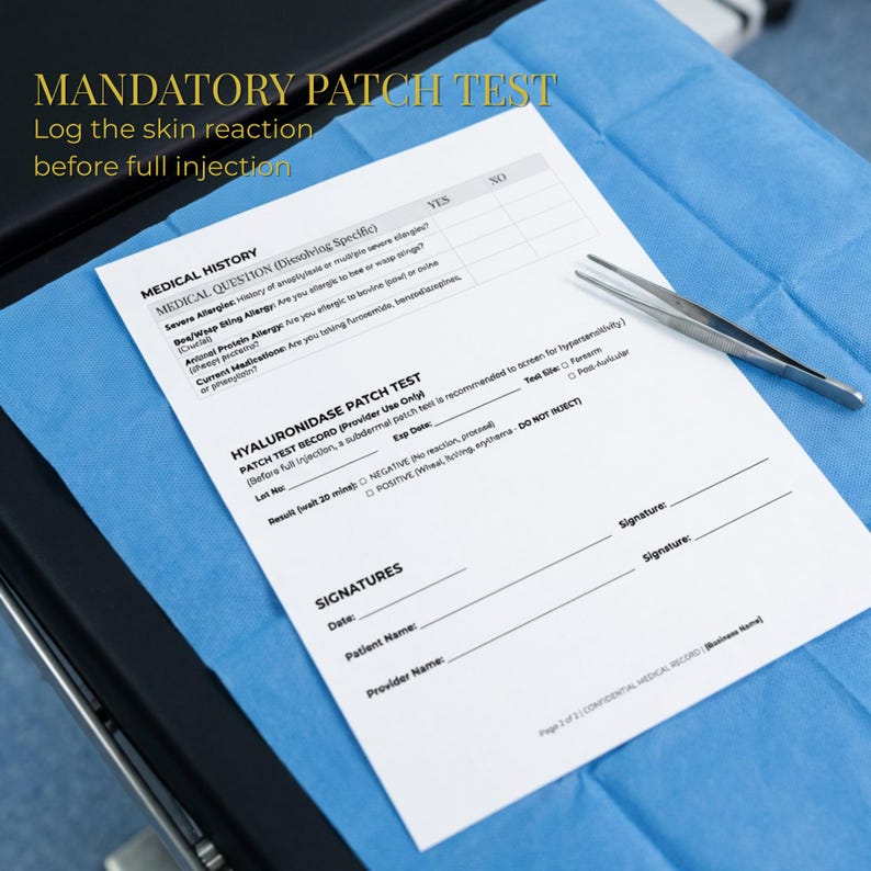 May include: A medical form titled "MANDATORY PATCH TEST" with instructions to log the skin reaction before injection. The form includes sections for medical history and a hyaluronidase patch test. A pair of silver tweezers rests on the form.