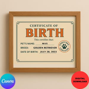 Certificado de nacimiento de mascota Pawsydee - Descarga digital imprimible A4 / Certificado personalizado para perros y gatos / Lindo recuerdo para nuevos dueños de mascotas