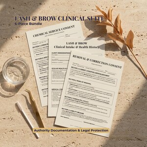 May include: A 6-piece bundle of lash and brow clinical suite documents. The documents include consent forms, intake forms, and health history forms. The text "LASH & BROW CLINICAL SUITE" and "Authority Documentation & Legal Protection" are visible.
