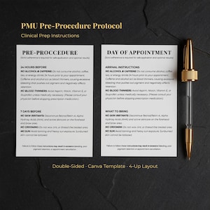 Może przedstawiać: Dwustronny szablon Canva z instrukcjami protokołu przedproceduralnego PMU. Dokument zawiera wytyczne dotyczące przed i w dniu wizyty, z czarnym tekstem na białym tle. Z prawej strony znajduje się złoty zakraplacz.