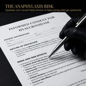May include: A black-gloved hand holding a silver pen over an informed consent form for Hyaluronidase. The form includes sections for patient information, nature of procedure, and risks and side effects. Text at the top reads "THE ANAPHYLAXIS RISK".