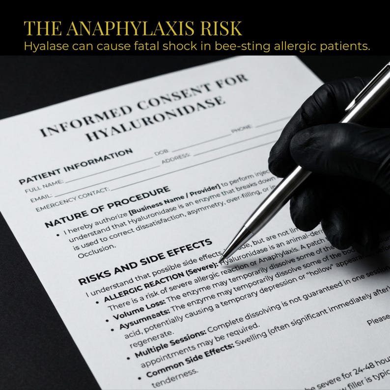 May include: A black-gloved hand holding a silver pen over an informed consent form for Hyaluronidase. The form includes sections for patient information, nature of procedure, and risks and side effects. Text at the top reads "THE ANAPHYLAXIS RISK".
