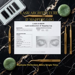 May include: A professional lash extension setup on a black marble surface. The image features a lash mapping log, gold tweezers, lash trays, and jade stones. Text includes "Lash Architecture & Mapping Log" and "Replicate Perfection. Every Single Time."