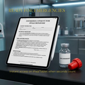 May include: A digital tablet displays an informed consent form for Hyaluronidase, next to a vial of the medication and a red stopper. The text "READY FOR EMERGENCIES" and "Instant access on iPad/Tablet when seconds count" are visible.