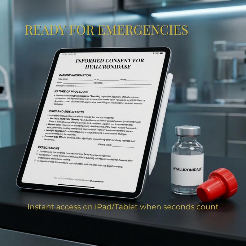 May include: A digital tablet displays an informed consent form for Hyaluronidase, next to a vial of the medication and a red stopper. The text "READY FOR EMERGENCIES" and "Instant access on iPad/Tablet when seconds count" are visible.