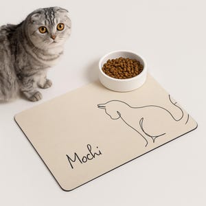 Personalized Minimalist Cat Food Mat | Custom Name Pet Placemat | Modern Line Art Cat Mat | Cute Gift for Cat Lovers