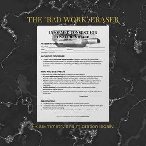 May include: An informational document titled "Informed Consent for Hyaluronidase" with text about the procedure, risks, and side effects. The document includes a section for patient information and a statement about fixing asymmetry and migration legally.