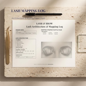 May include: A lash and brow mapping log with the text "LASH MAPPING LOG" and "LASH & BROW Lash Architecture & Mapping Log". The image includes a lash brush, tweezers, and a clear square. The log includes sections for technique, curl selection, and length map.