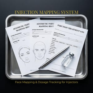 May include: Aesthetic injection mapping records and treatment log on a metal tray. The documents include patient information, mapping keys, and facial diagrams. A pen and a small vial are also on the tray. Text on the image reads: "Injection Mapping System" and "Face Mapping & Dosage Tracking for Injectors."