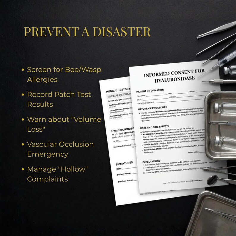 May include: A black and gold image with text that reads "PREVENT A DISASTER." The image includes medical forms, syringes, and surgical tools. The forms are titled "MEDICAL HISTORY" and "INFORMED CONSENT FOR HYALURONIDASE."